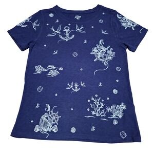 J Crew Nautical Anchor Bird Seashell Coral Embroidered Cotton Tee Shirt Medium